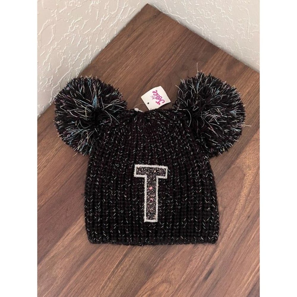 NWT Justice Girl Glitter Double Pom Pom "T" Initial Beanie- Size T